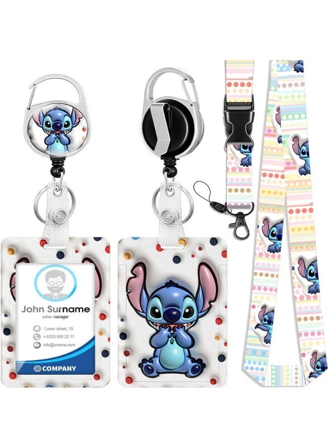 Disney 3-in-1 Disney Stitch logo white plastic ID holder with lanyard, retractable ID roll, keychain and extension chain - suitable for workers, students, bus drivers, doctors, nurses, etc. - Image 1
